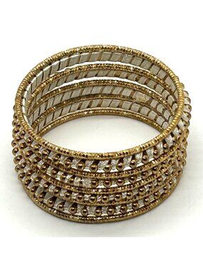 Kundan Bangles Bracelet 9 Piece Gold-tone Bollywood White Silk Thread